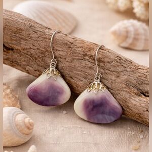 Wampum Shell Dangle Earrings | Purple & White Natural Shell Silver Hook